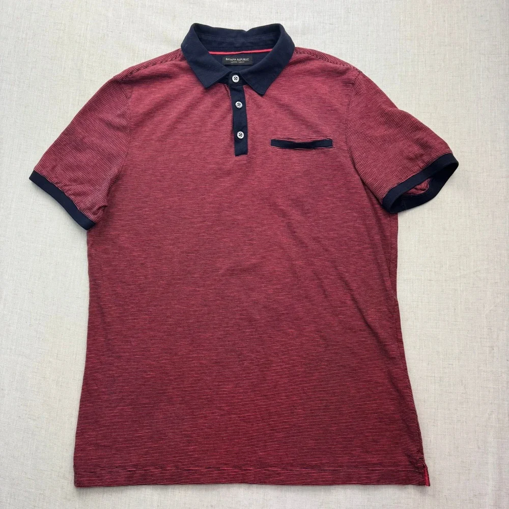Banana Republic Luxury Touch Polo Mens L Maroon Navy Micro Stripe S/469623-01